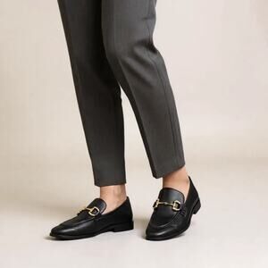 Jeffrey Campbell 7.5 Gold Horsebit Black Loafers Quiet Luxury